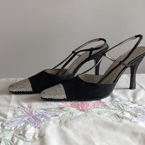 VTG Y2K Lord & Taylor Starlet Rhinestone Toe Slingback Heels 8.5 Satin Stiletto